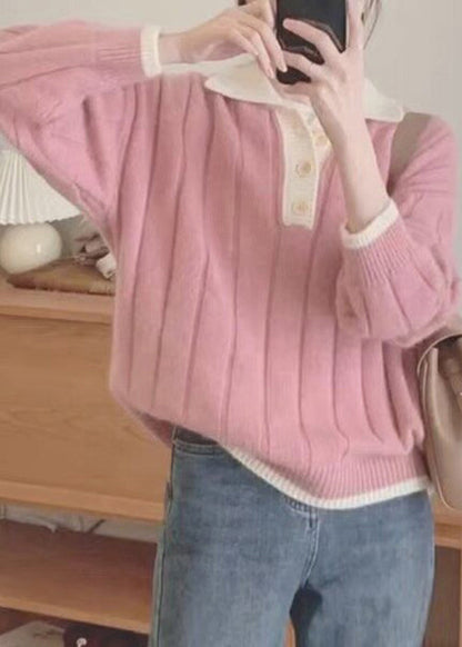 Pink Peter Pan Collar Patchwork Cozy Knit Sweaters Fall