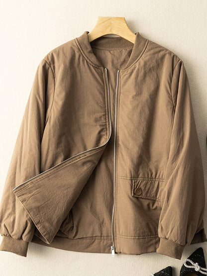100% Natural Fabric Zipper Round Neck Long Sleeve Coat