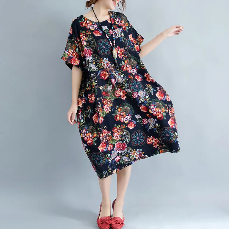 Black Long Linen Dress Prints Cotton Dress Short Sleeve Linen Dress