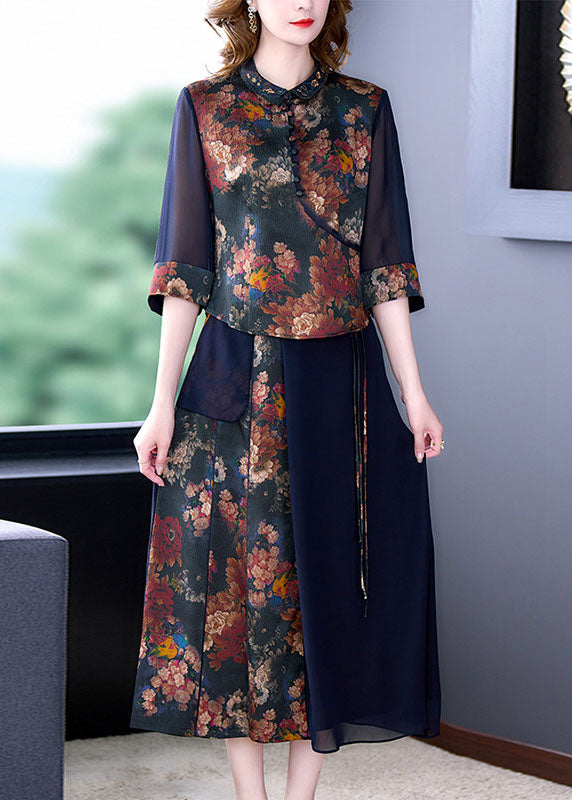 Blue Hollow Out Patchwork Print Silk Tops and Skirts Two Pieces Set Half Sleeve