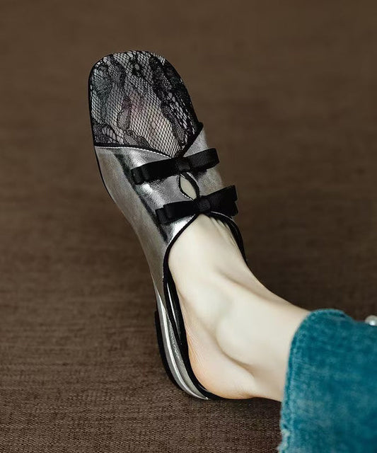 Handmade Silver Hollow Out Lace Splicing Cowhide Leather Slide Sandals