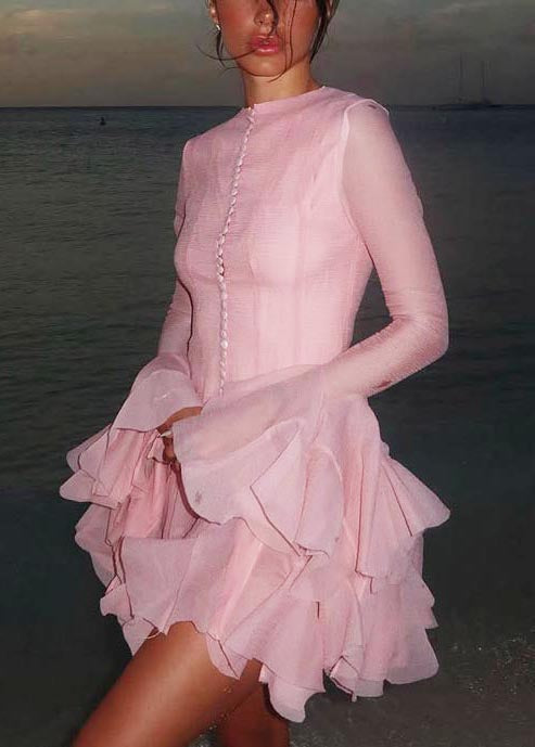 Pink Single Breast Mini Dress Flare Sleeve