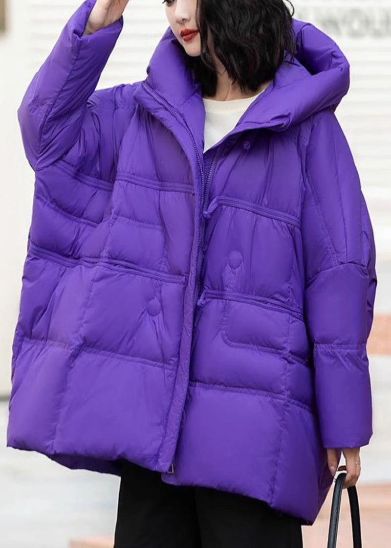 Purple Dcotton Blend Puffers Jackets Oversized Hooded Winter