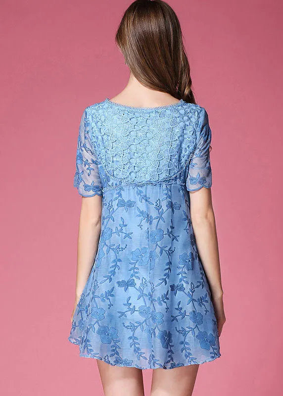 Modern Blue O-neck Embroideried Organza Dresses Summer