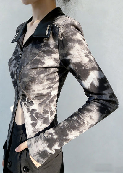 Peter Pan Collar Tie Dye Zippered Faux Leather Patchwork T Shirts Spring