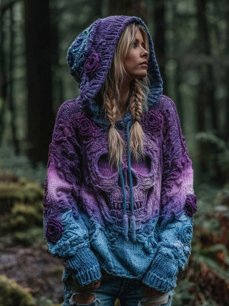 Women's Vintage Viking Skull And Rose Gradient Art Knit Hooded Sweater artswardrobe