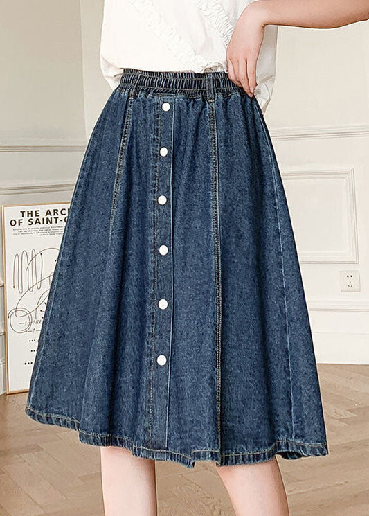 Natural Navy Elastic Waist Button Cotton Denim Skirts Summer