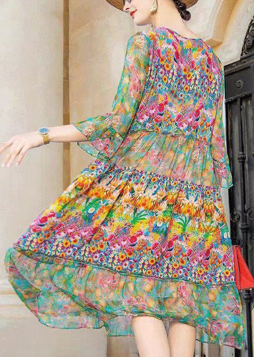 Colorblock V Neck Print Patchwork Chiffon Dresses Bracelet Sleeve