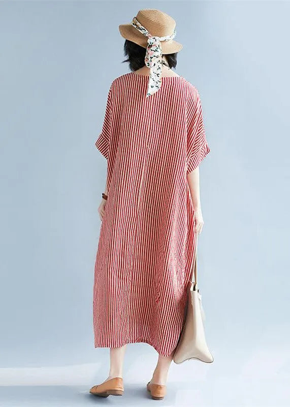 Red Linen Maxi Dress O Neck Striped Linen Clothing Dresses Fine Baggy Dresses Caftans