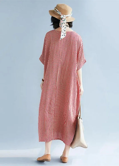 Red Linen Maxi Dress O Neck Striped Linen Clothing Dresses Fine Baggy Dresses Caftans