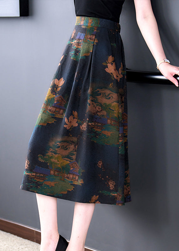 Retro Print Silk Draping a Line Skirt