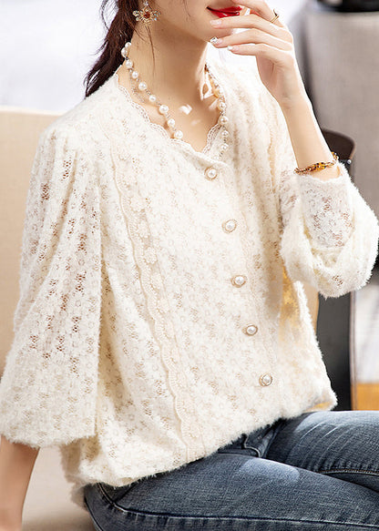 Apricot V Neck Button Patchwork Lace Top Fall