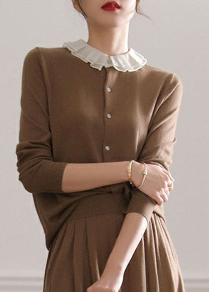 Coffee O-neck Ruffled Patchwork Cashmere Cardigans Spring