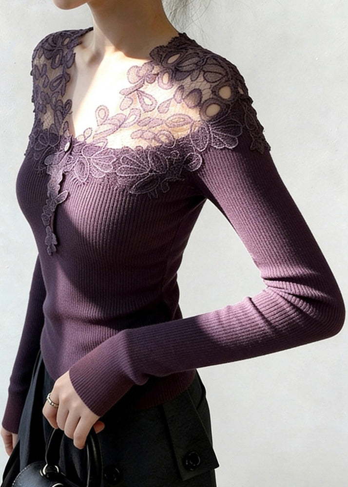 Purple Lace Patchwork Knit Knitted Tops V Neck Spring