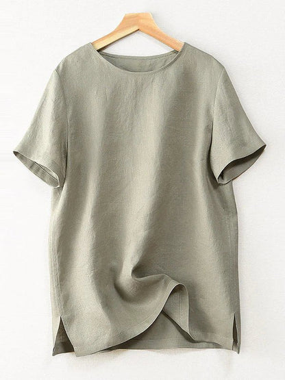 Pure Color Crew Neck Short Sleeve Linen Tee Top