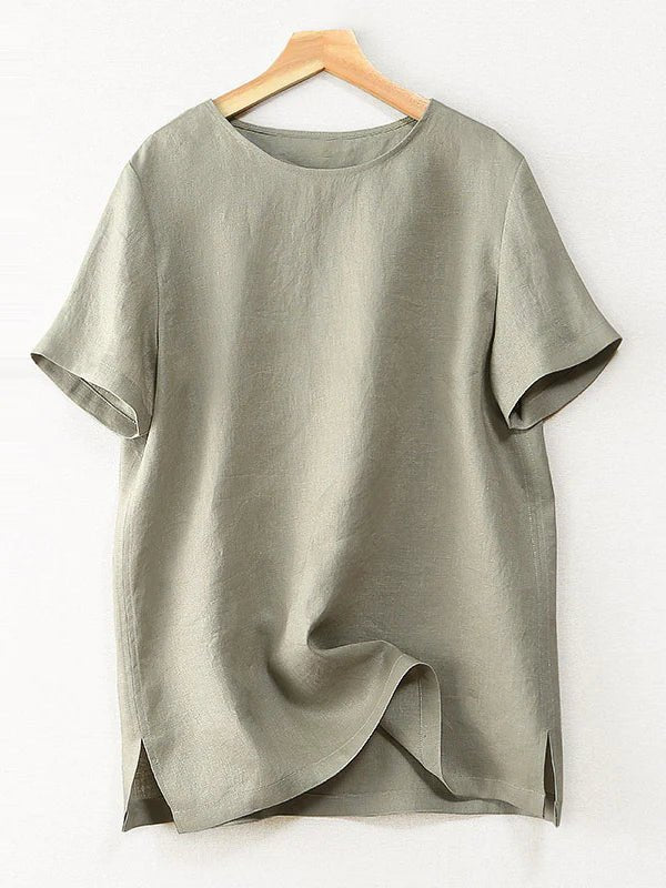 Pure Color Crew Neck Short Sleeve Linen Tee Top