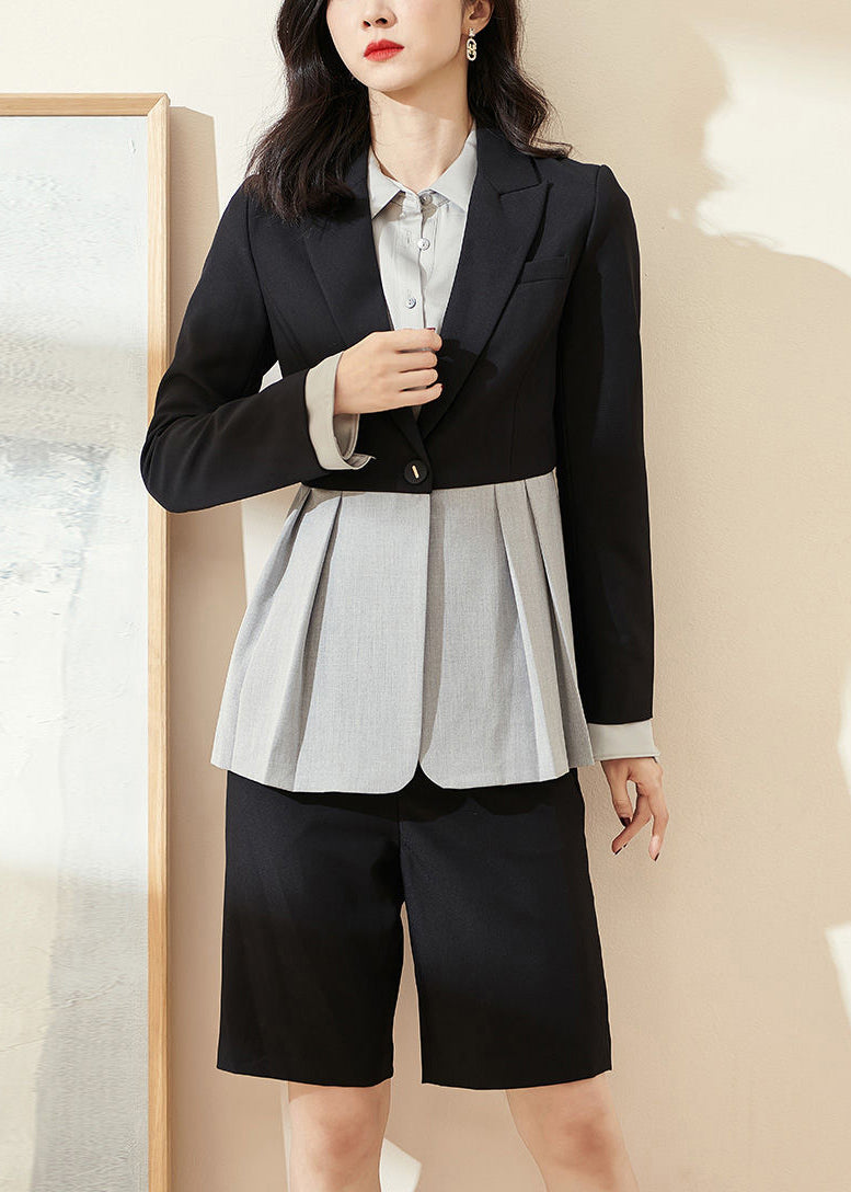 Loose Black Asymmetrical Patchwork Shirts and Shorts Two Pieces Sets Long Sleeve