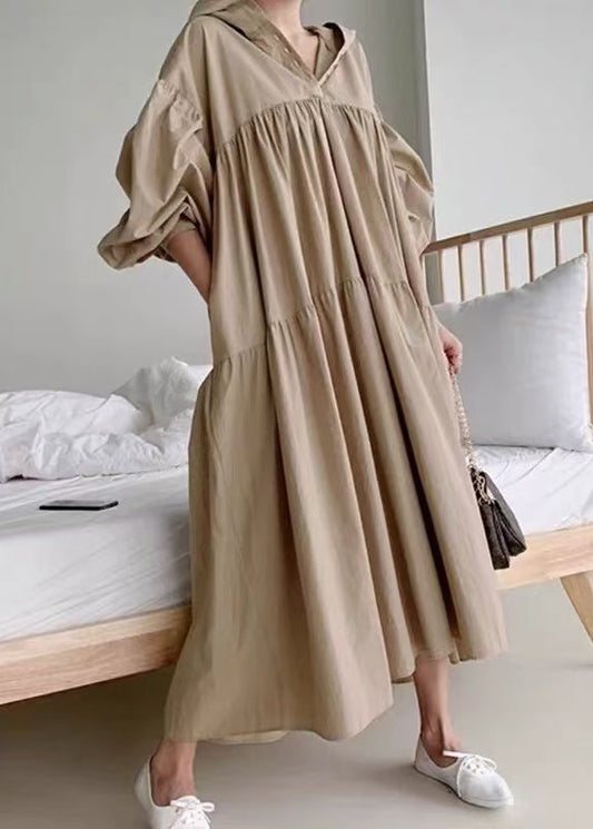 Coffee Hooded Exra Large Hem Cotton Holiday Dress Fall