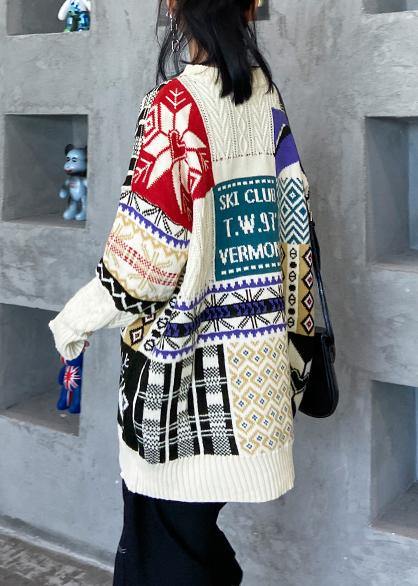 Aesthetic Beige Colorblock Sweater Blouse O Neck Winter Sweaters