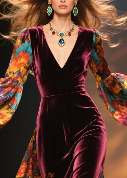 Fitted Mulberry Print Patchwork Silk Velvet Vacation Dresses Lantern Sleeve