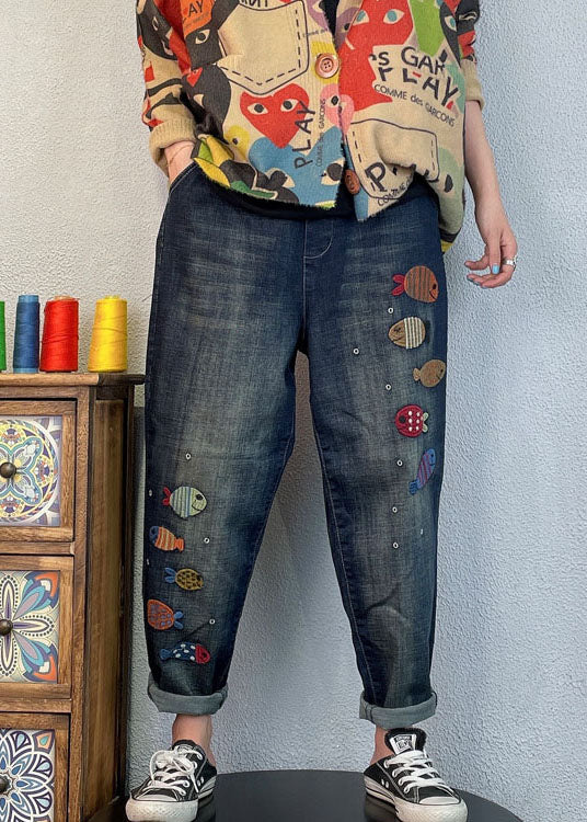 Loose Blue Embroidered Denim Spring Harem Pants