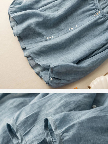 Pure Color Crew Neck Long Sleeve Linen Top