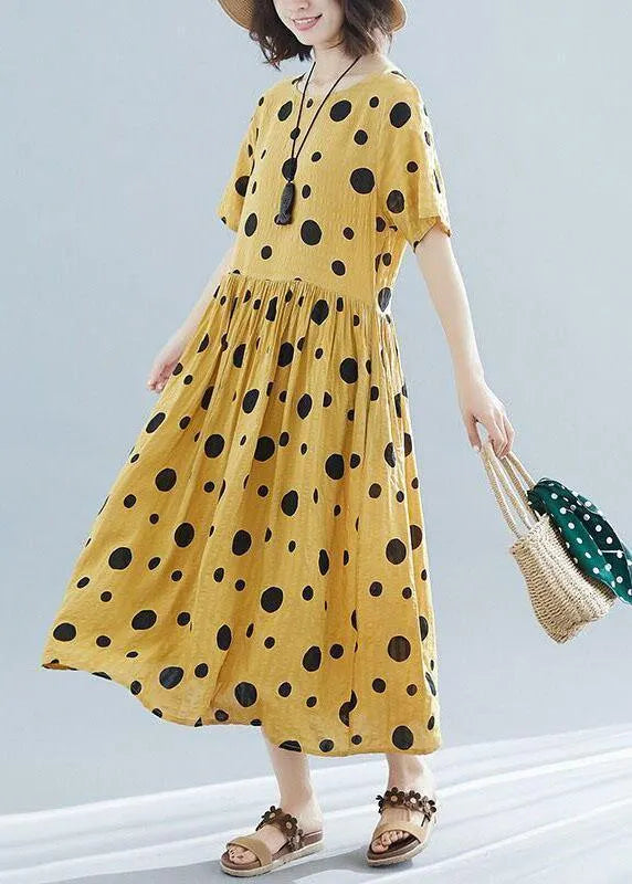 Diy Dotted Short Sleeve Linen Tunic Dress Shirts Yellow O Neck Dresses Summer