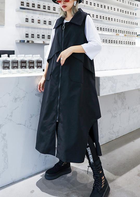 Handmade Sleeveless Asymmetric Cotton Tunics Shape Black Lapel Cotton Dress