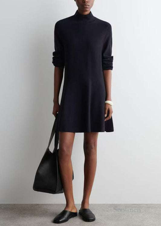 Black Stand Collar Knit Day a Line Dress Fall