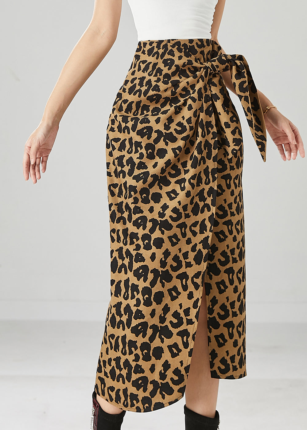 Asymmetrical Leopard Print Side Open Cotton Skirt Fall