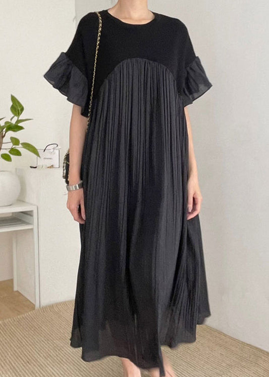 Black Oversized Patchwork Pleated Dress Butterfly Sleeve