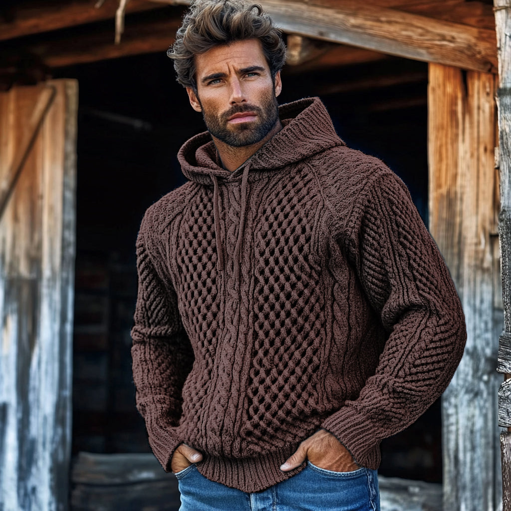 Men'S Waffle Knit Pattern Hooded Sweater elevenforest