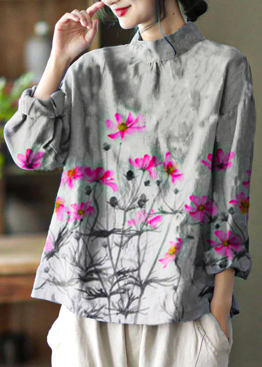 Stylish Blue Embroidered Retro Linen Blouse Tops Spring