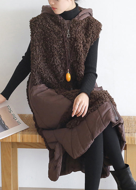 Coffee Colour Zippered Pockets Woolen Cotton Hooded Waistcoat Sleeveless