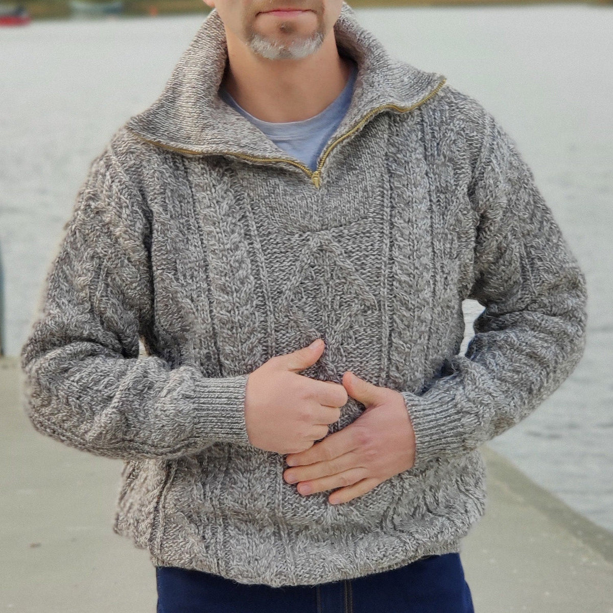 Mens Organic Irish Aran Half Zip Sweater artswardrobe