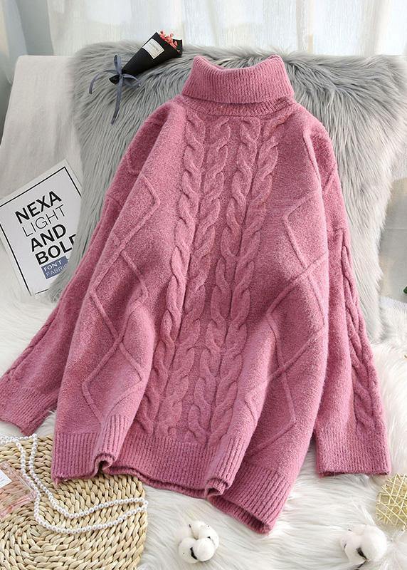 Chunky Blue Knit Tops Cable High Neck Knitwear