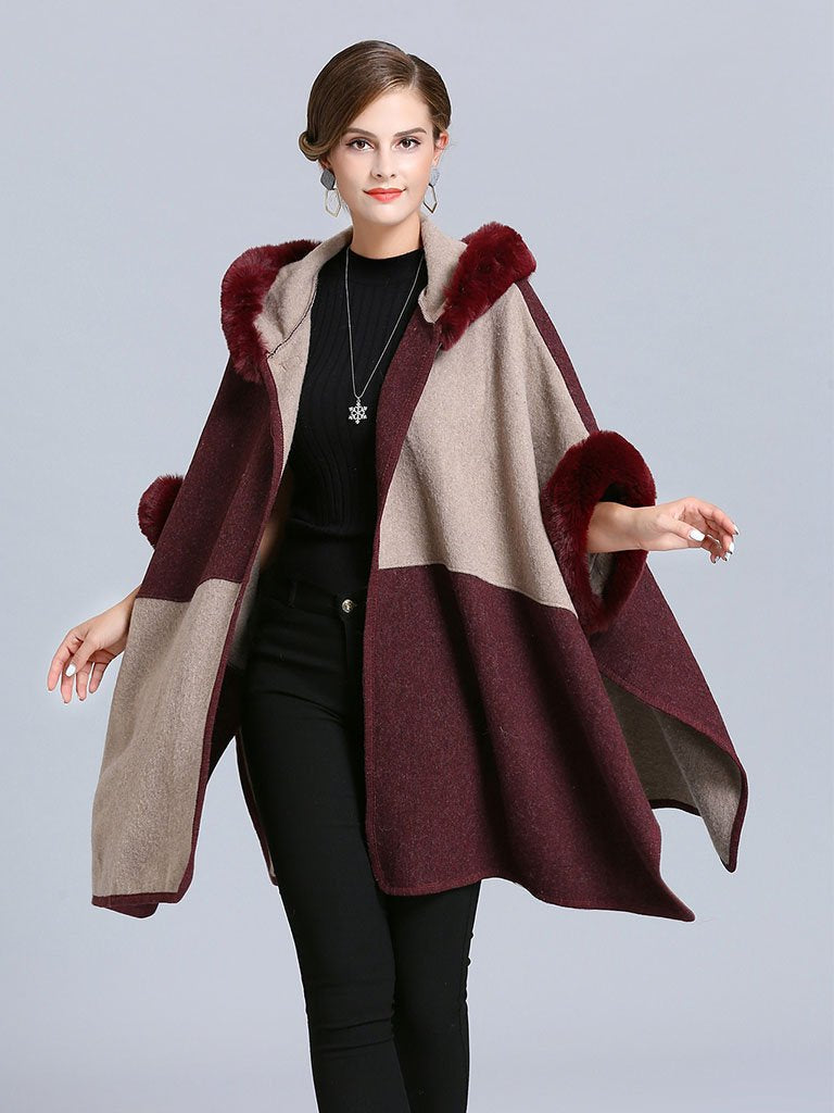 Poncho Cape Faux Fur Hooded Plaid Cape Coat