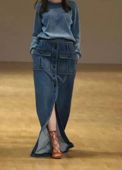 Blue Pockets Button Patchwork Denim Maxi Skirt Summer