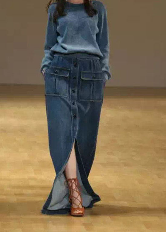 Blue Pockets Button Patchwork Denim Maxi Skirt Summer