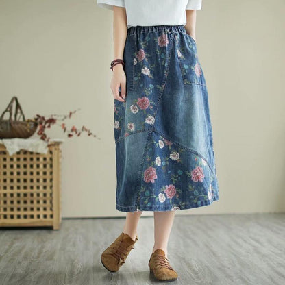 Retro Loose Patchwork Denim Skirt