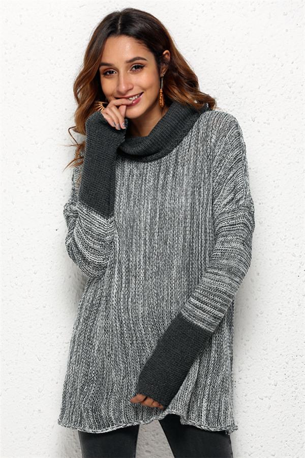 Spliced Turtleneck Loose Pullover Sweater - Black