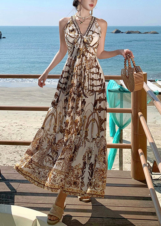 Brown Print Chiffon Beach Sundress Summer