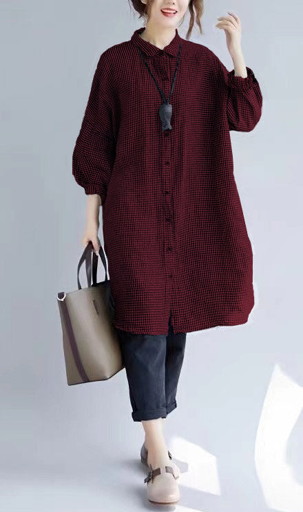 Stylish Black Plaid Cozy Cotton T Shirt Oversize Turn-down Collar Cotton Blouses Fine Long Sleeve Tops