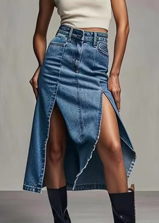 Blue Zippered Side Open High Waist Denim Skirt Summer