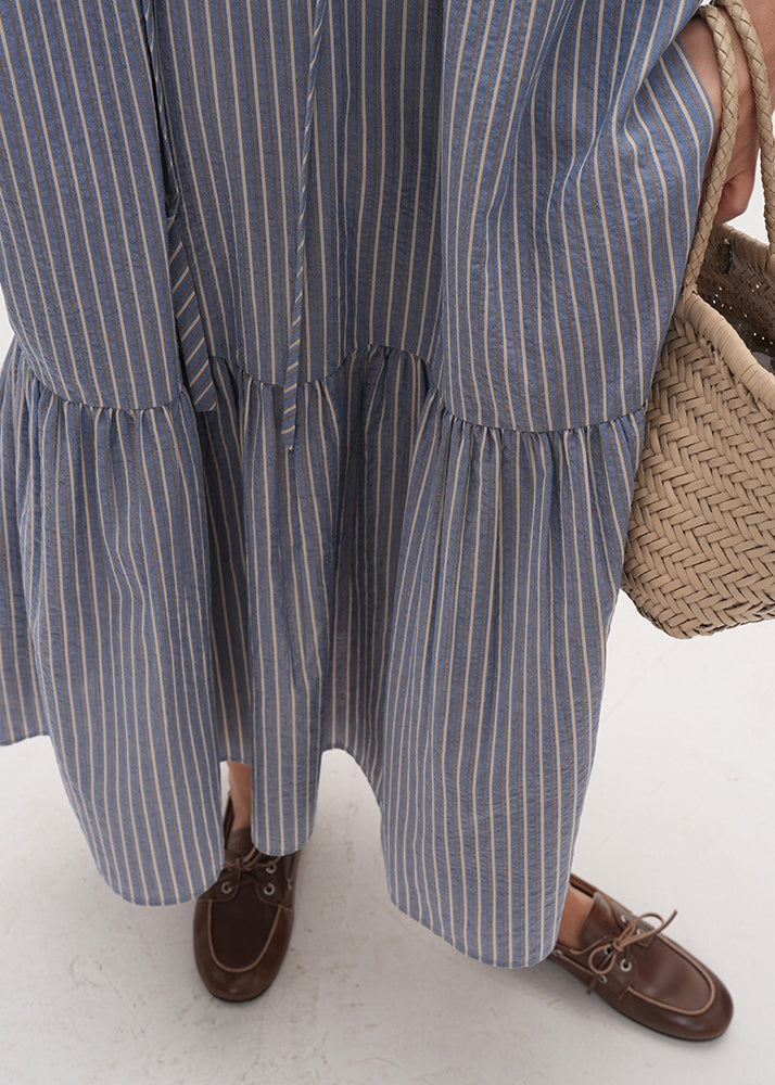 Diy Blue Striped Patchwork Cotton Long Dress Half Sleeve