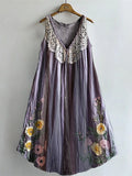Women's Vintage Lace Floral Art Print V-neck Pocket Cotton Dress