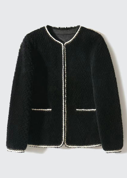 Black O Neck Pockets Patchwork Wool Coat Winter