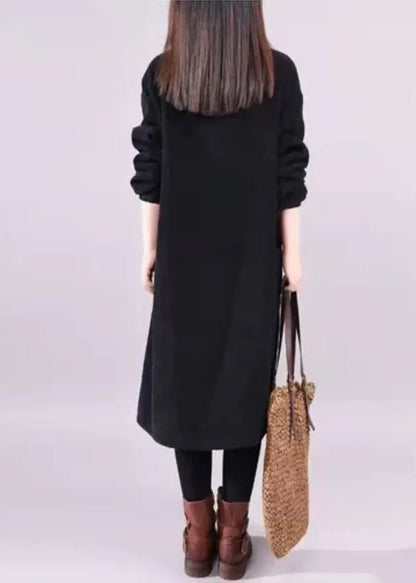 Black Turtle Neck Patchwork Warm Fleece Corduroy Dress Long Sleeve