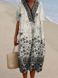Japanese Art Floral Pattern Linen Blend Midi Dress