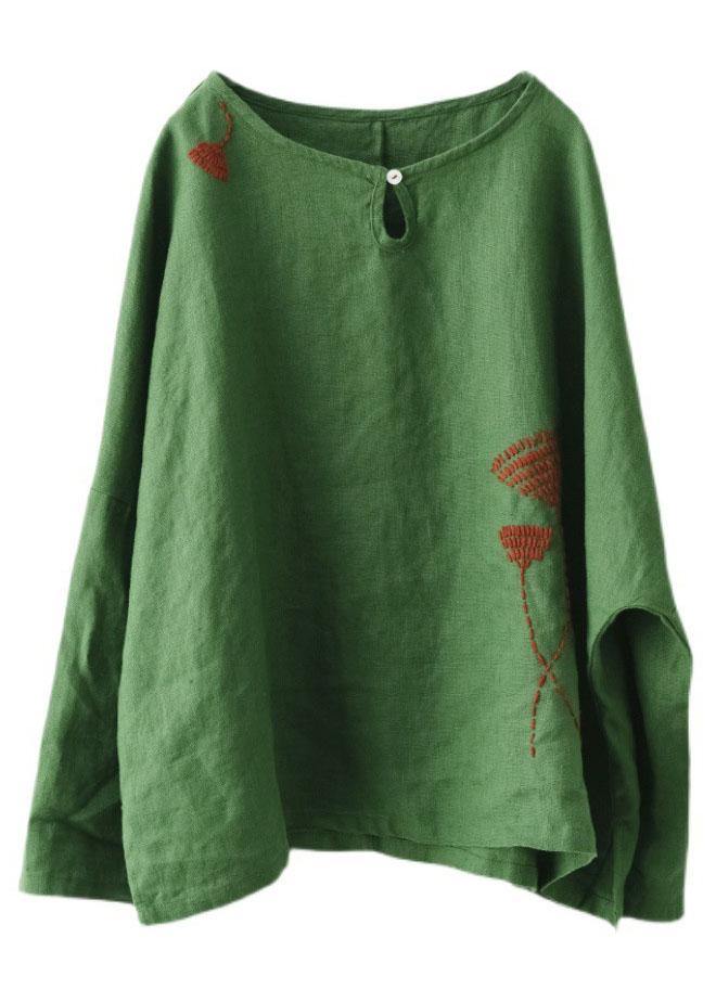 Green Loose Embroideried Fall Cotton Blend Shirt Tops Long Sleeve
